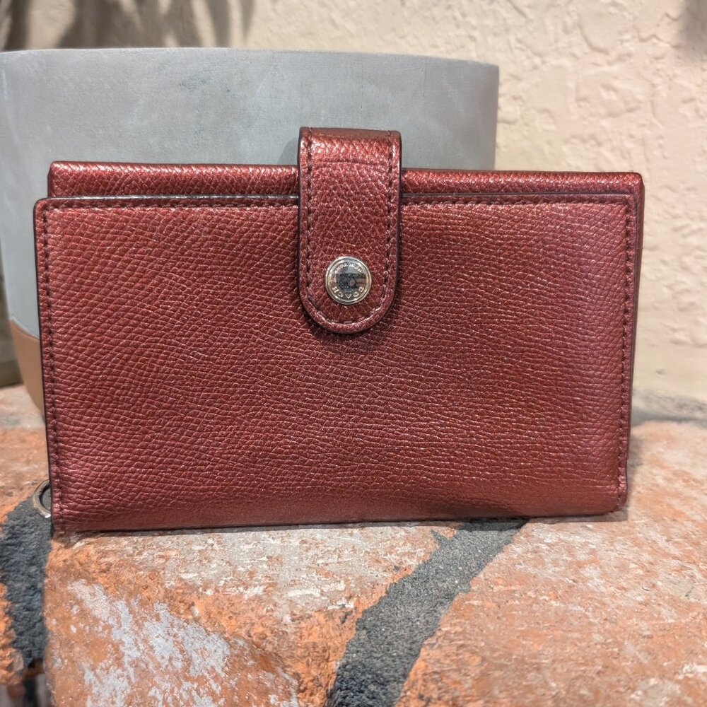 Coach, Metallic Red Grain Leather Wallet | Snap Bifold | AS IS